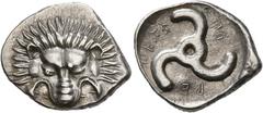 Greek DYNASTS OF LYCIA. Perikles, circa 380-360 BC. 1/3 Stater (Silver, 18 mm, 2.81 g). Facing lion's scalp. Rev. 𐊓𐊁-𐊕𐊆-𐊋𐊍𐊁 ('Perikle' in Lycian) Triskeles. BMC 155-7. Müseler VIII, 47-51. SNG 