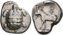 Greek CYPRUS. Uncertain kings. Circa 480-460 BC. Stater (Silver, 23 mm, 11.35 g, 6 h). Land tortoise. Rev. He-goat standing left; above, ankh with double crossbar; all within dotted square within incu
