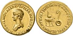Roman Imperial Nero, as Caesar, 50-54. Aureus (Gold, 20 mm, 7.81 g, 4 h), Rome, 51-54. NERO CLAVD CAES DRVSVS GERM PRINC IVVENT Bare-headed and draped bust of Nero to left. Rev. SACERD COOPT IN OMN CO