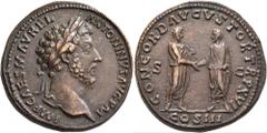 Roman Imperial Marcus Aurelius, 161-180. Sestertius (Orichalcum, 32 mm, 27.77 g, 12 h), Rome, 161-162. IMP CAES M AVREL ANTONINVS AVG P M Laureate head of Marcus Aurelius to right. Rev. CONCORD AVGVST