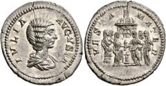 Roman Imperial Julia Domna, Augusta, 193-217. Denarius (Silver, 21 mm, 3.94 g, 12 h), Rome, 196-211. IVLIA AVGVSTA Draped bust of Julia Domna to right. Rev. VESTA MATER Front view of round Temple of V