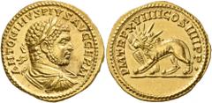 Roman Imperial Caracalla, 198-217. Aureus (Gold, 20 mm, 6.31 g, 6 h), Rome, 216. ANTONINVS PIVS AVG GERM Laureate, draped and cuirassed bust of Caracalla to right, seen from behind. Rev. P M TR P XVII