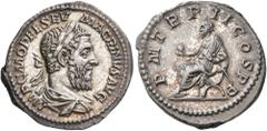 Roman Imperial Macrinus, 217-218. Denarius (Silver, 20 mm, 3.39 g, 6 h), Rome, circa March-June 218. IMP C M OPEL SEV MACRINVS AVG Laureate and draped bust of Macrinus to right, seen from behind. Rev.