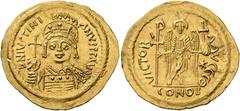 Byzantine Justinian I, 527-565. Solidus (Gold, 22 mm, 4.39 g, 6 h), Rome, 547-549. D N IVSTINIANVS P P AVG Helmeted and cuirassed bust of Justinian I facing, holding globus cruciger in his right hand 
