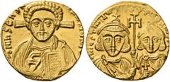 Byzantine Justinian II, with Tiberius, second reign, 705-711. Solidus (Gold, 19 mm, 4.41 g, 6 h), Constantinopolis. δ N IҺS CҺS R[ЄX RЄGNANT]IЧM Draped bust of Christ facing, with cross behind his hea