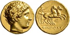 Greek KINGS OF MACEDON. Philip II, 359-336 BC. Stater (Gold, 18 mm, 8.59 g, 4 h), Pella, struck under Philip II or Alexander III, circa 340-328. Laureate head of Apollo to right. Rev. ΦΙΛΙΠΠOY Chariot