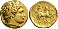 Greek KINGS OF MACEDON. Philip II, 359-336 BC. Stater (Gold, 18 mm, 8.52 g, 4 h), Abydos, struck under Leonnatos, Arrhidaios, or Antigonos I Monophthalmos, 323-317. Laureate head of Apollo to right. R