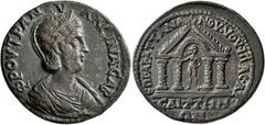 The Saitta Collection LYDIA. Saitta. Tranquillina, Augusta, 241-244. Tetrassarion (Orichalcum, 30 mm, 14.02 g, 6 h), Aur. Ail. Attalianos, first archon for the second time and son of an asiarch of equ