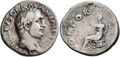 Roman Imperial Vitellius, 69. Denarius (Silver, 19 mm, 3.06 g, 7 h), Rome, late April-20 December 69. A VITELLIVS GERMAN IMP TR P Laureate head of Vitellius to right. Rev. CONCORDI[A P R] Concordia se