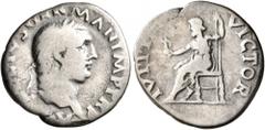 Roman Imperial Vitellius, 69. Denarius (Silver, 18 mm, 3.14 g, 6 h), Rome. A VITELLIVS GERMAN IMP TR P Laureate head of Vitellius to right. Rev. IVPPITER VICTOR Jupiter seated to left, holding Victory