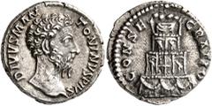 Roman Imperial Divus Marcus Aurelius, died 180. Denarius (Silver, 17 mm, 3.44 g, 12 h), Rome, 180. DIVVS M ANTONINVS PIVS Bare head of Divus Marcus Aurelius to right. Rev. CONSECRATIO Funeral pyre of 