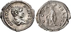 Roman Imperial Geta, 209-211. Denarius (Silver, 21 mm, 3.36 g, 6 h), Rome, 205. GETA CAES PONT COS Bare-headed and draped bust of Geta to right, seen from behind. Rev. VOTA PVBLICA Geta, veiled, stand