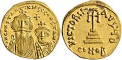 Byzantine Constans II, with Constantine IV, 641-668. Solidus (Gold, 20 mm, 4.26 g, 7 h), Constantinopolis, circa 654-659. δ N CONSTANTINЧS C CONSTAN Crowned and draped bust of Constans II facing, with