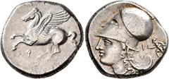 Greek CORINTHIA. Corinth. Circa 375-300 BC. Stater (Silver, 20 mm, 8.62 g, 6 h). Ϙ Pegasus flying left. Rev. Δ-I Head of Athena to left, wearing Corinthian helmet; behind, Artemis Phosphoros running l