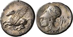 Greek CORINTHIA. Corinth. Circa 375-300 BC. Stater (Silver, 22 mm, 8.44 g, 2 h). Ϙ Pegasus flying left. Rev. Head of Athena to left, wearing laureate Corinthian helmet; behind, Athena Promachos standi