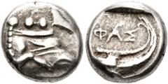 Greek LYCIA. Phaselis. Circa 500-440 BC. Tetrobol (Silver, 13 mm, 3.40 g, 6 h). Prow of galley to right. Rev. ΦAΣ Stern of galley right. Heipp-Tamer series 4, emission 2, 61. SNG von Aulock 4396. Stru