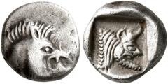 Greek DYNASTS OF LYCIA. Uncertain dynast, circa 500-480 BC. Trihemiobol (Silver, 10 mm, 1.18 g, 6 h). Head of a boar to right. Rev. Forepart of a man-headed bull to right within incuse square. Müseler
