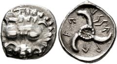Greek DYNASTS OF LYCIA. Vekhssere II, circa 410-390/80 BC. 1/3 Stater (Silver, 15 mm, 3.05 g). Facing lion's scalp. Rev. 𐊇𐊁-𐊜𐊖𐊖𐊁-𐊕𐊁 ('wexssere' in Lycian) Triskeles with central ring of dots; 
