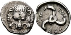 Greek DYNASTS OF LYCIA. Trbbenimi, circa 390-370 BC. 1/3 Stater (Silver, 16 mm, 2.73 g). Facing lion's scalp. Rev. 𐊗𐊕𐊂-𐊂𐊙𐊏-𐊆𐊎𐊆 ('Trbbãnimi' in Lycian) Triskeles. BMC 147. Müseler VIII, 24-27.