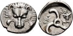 Greek DYNASTS OF LYCIA. Perikles, circa 380-360 BC. 1/3 Stater (Silver, 16 mm, 3.11 g, 7 h). Facing lion's scalp. Rev. 𐊓𐊁𐊕-𐊆𐊋𐊍-𐊁 ('Perikle' in Lycian) Triskeles; to right, facing head of Hermes