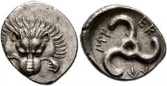 Greek DYNASTS OF LYCIA. Perikles, circa 380-360 BC. 1/3 Stater (Silver, 17 mm, 2.89 g). Facing lion's scalp. Rev. 𐊓𐊁𐊕-𐊆𐊋-𐊍𐊁 ('Perikle' in Lycian) Triskeles. BMC 157. Müseler VIII, 49. SNG von A