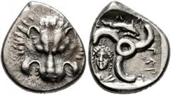 Greek DYNASTS OF LYCIA. Perikles, circa 380-360 BC. 1/3 Stater (Silver, 16 mm, 3.32 g, 1 h). Facing lion's scalp. Rev. 𐊓𐊁-𐊕𐊁𐊋𐊍𐊁 ('Perikle' in Lycian) Triskeles; to left, draped bust of female f