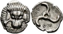 Greek DYNASTS OF LYCIA. Perikles, circa 380-360 BC. 1/3 Stater (Silver, 16 mm, 2.80 g). Facing lion's scalp. Rev. 𐊓𐊁-𐊕𐊆𐊋-𐊍𐊁 ('Perikle' in Lycian) Triskeles. BMC 155-7. Müseler VIII, 47-51. SNG 