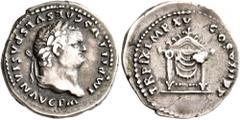 Roman Imperial Titus, as Caesar, 69-79. Denarius (Silver, 19 mm, 3.45 g, 7 h), Rome, 80. IMP TITVS CAES VESPASIAN AVG P M Laureate head of Titus to right. Rev. TR P IX IMP XV COS VIII P P Pulvinar of 