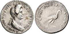 Roman Imperial Domitia, Augusta, 82-96. Denarius (Silver, 20 mm, 2.90 g, 7 h), Rome, 88-89 (?). DOMITIA AVGVSTA IMP DOMITIANI Draped bust of Domitia to right. Rev. CONCORDIA AVGVST Peacock standing ri