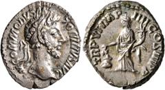 Roman Imperial Commodus, 177-192. Denarius (Silver, 19 mm, 3.04 g, 12 h), Rome, 181. M COMMODVS ANTONINVS AVG Laureate head of Commodus to right. Rev. TR P VI IMP IIII COS III P P Annona standing fron