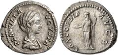 Roman Imperial Plautilla, Augusta, 202-205. Denarius (Silver, 19 mm, 3.41 g, 12 h), Rome. PLAVTILLA AVGVSTA Draped bust of Plautilla to right. Rev. CONCORDIA AVGG Concordia standing front, head to lef