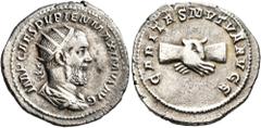 Roman Imperial Pupienus, 238. Antoninianus (Silver, 22 mm, 4.61 g, 12 h), Rome, circa April-June 238. IMP CAES PVPIEN MAXIMVS AVG Radiate, draped and cuirassed bust of Pupienus to right, seen from beh