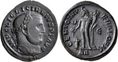 Roman Imperial Licinius I, 308-324. Follis (Bronze, 23 mm, 6.19 g, 1 h), Antiochia, 308-309. IMP C LIC LICINNIVS P F AVG Laureate head of Licinius to right. Rev. GENIO IMP-ERATORIS / (crescent) / Є / 
