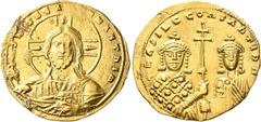 Byzantine Basil II Bulgaroktonos, with Constantine VIII, 976-1025. Histamenon (Gold, 22 mm, 4.43 g, 7 h), Constantinopolis, circa 977-989. +IҺS XIS RЄX RЄGNANTIҺm Bust of Christ Pantokrator facing, wi