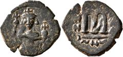 Early Medieval & Islamic ISLAMIC, Time of the Rashidun. Pseudo-Byzantine types. Fals (Bronze, 20 mm, 2.63 g, 6 h), imitating a follis of Constans II, uncertain mint, circa 19-39 AH / 641-660 AD. Drape