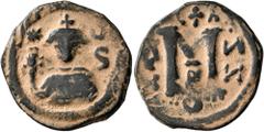 Early Medieval & Islamic ISLAMIC, Time of the Rashidun. Pseudo-Byzantine types. Fals (Bronze, 22 mm, 4.37 g, 12 h), imitating a follis of Constans II, uncertain mint, 24/5-26/7 AH / 645-647 AD. Draped