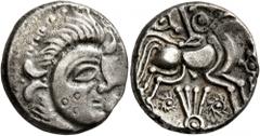Celtic CELTIC, Northwest Gaul. Abrincatui. Circa 60-50 BC. Stater (Billon, 20 mm, 6.47 g, 6 h), 'au profil luniforme - à la joue ornée' type. Celticized head of Apollo to right with three annulets on 