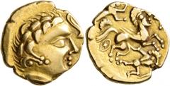Celtic CELTIC, Northwest Gaul. Aulerci Cenomani. 2nd century BC. Stater (Gold, 20 mm, 7.29 g, 7 h), 'aux objets ovoides - personnage apère aux deux armes' type. Celticized laureate head of Apollo to r