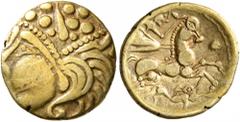 Celtic CELTIC, Northwest Gaul. Aulerci Eburovices. Late 2nd to first half of 1st century BC. Quarter Stater (Gold, 13 mm, 1.72 g, 11 h), 'au loup' type. Celticized laureate head of Apollo to left, the