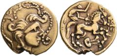 Celtic CELTIC, Northwest Gaul. Baiocassi. Late 2nd to mid 1st century BC. Quarter Stater (Electrum, 13 mm, 1.84 g, 12 h), 'au lyre' type. Celticized male head to right, with strings of pearls coming o