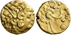 Celtic CELTIC, Northeast Gaul. Ambiani. Late 2nd to mid 1st century BC. Stater (Gold, 17 mm, 7.59 g, 2 h), 'statère biface au flan court' type. Celticized laureate head of Apollo to right. Rev. Celtic