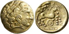 Celtic CELTIC, Northeast Gaul. Caleti. 2nd century BC. Half Stater (Electrum, 15 mm, 3.26 g, 7 h), 'type nord-armoricain - à la roue'. Celticized laureate male head to right, with long curls and wheel