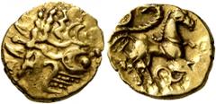 Celtic CELTIC, Northeast Gaul. Uncertain tribe. Circa 60-30/25 BC. Quarter Stater (Gold, 12 mm, 1.38 g, 1 h), 'au petit serpent cornu' type. Devolved and disjointed laureate male head to right. Rev. C