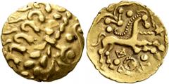 Celtic CELTIC, Northeast Gaul. Uncertain tribe. Circa 60-30/25 BC. Quarter Stater (Gold, 15 mm, 1.55 g, 1 h), 'dérivées locales du statère biface' type. Devolved and disjointed laureate head of Apollo