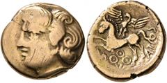 Celtic CELTIC, Central Gaul. Bituriges Cubi. Circa 80-50 BC. Stater (Electrum, 19 mm, 6.69 g, 9 h), Abucatos. Celticized male head to left with thick and prominent curls. Rev. ABVCATOS Celticized hors