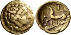 Celtic CELTIC, Central Europe. Helvetii. Late 2nd to early first century BC. Quarter Stater (Gold, 13 mm, 1.81 g, 3 h), 'au croissant' type. Celticized laureate head of Apollo to right within crescent