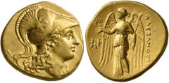 Greek KINGS OF MACEDON. Alexander III ‘the Great’, 336-323 BC. Stater (Gold, 19 mm, 8.55 g, 1 h), Ephesos, circa 305-295. Head of Athena to right, wearing Corinthian helmet decorated with a coiled ser