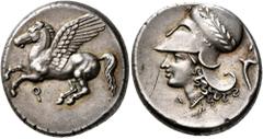 Greek CORINTHIA. Corinth. Circa 375-300 BC. Stater (Silver, 21 mm, 8.57 g, 7 h). Ϙ Pegasus flying left. Rev. Head of Athena to left, wearing laureate Corinthian helmet; behind, cornucopiae; below chin