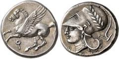 Greek CORINTHIA. Corinth. Circa 375-300 BC. Stater (Silver, 20 mm, 8.60 g, 4 h). Ϙ Pegasus flying left. Rev. Head of Athena to left, wearing laureate Corinthian helmet; behind, plow; below chin and ne