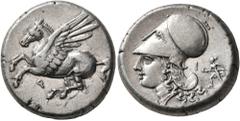 Greek CORINTHIA. Corinth. Circa 375-300 BC. Stater (Silver, 20 mm, 8.62 g, 3 h). Ϙ Pegasus flying left. Rev. Head of Athena to left, wearing Corinthian helmet; behind, I and Artemis running left, hold